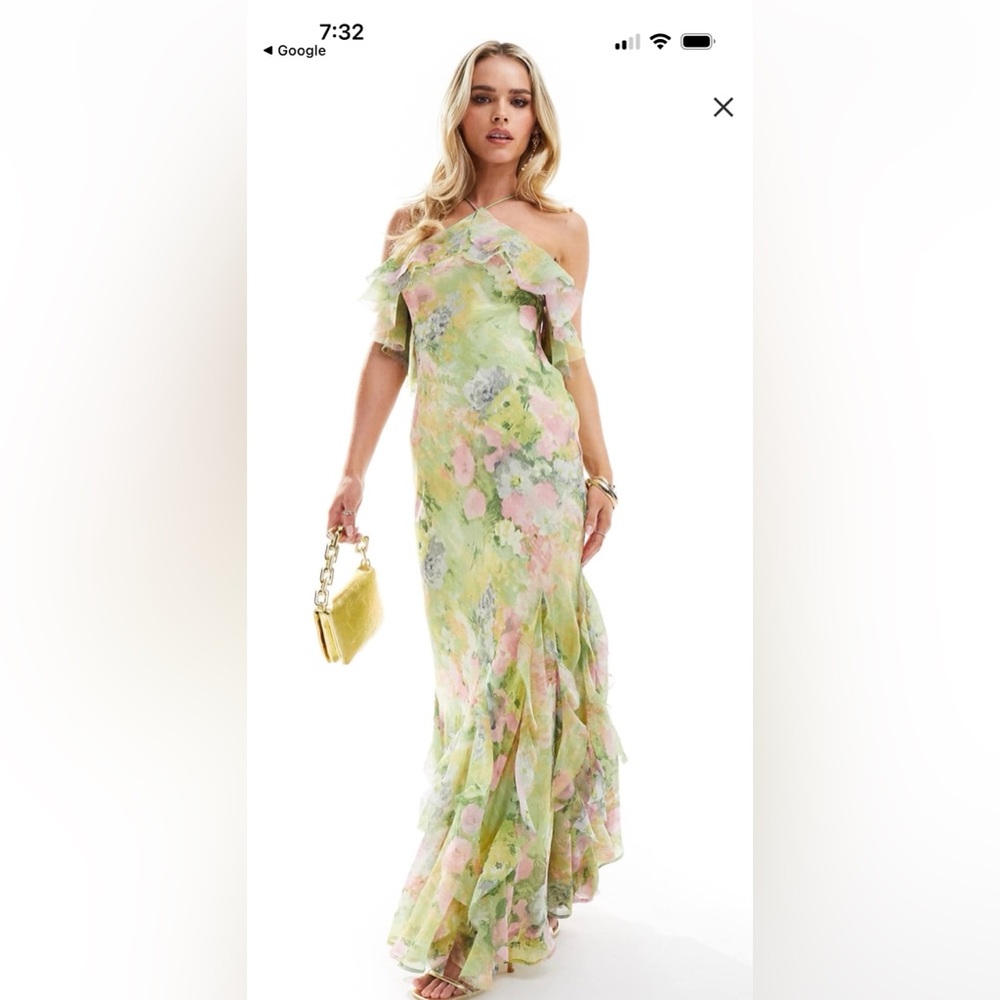 ISO ASOS Halter Ruffle Floral Dress - Green and Pink, Size 2 or 4